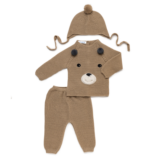 Conjunto bebé menino em malha bege com ursinho e gorro - Juliana