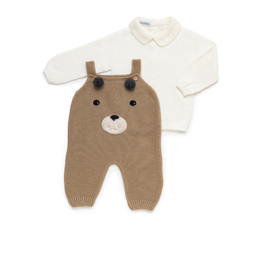 Conjunto malha bege ursinho com camisola branca para bebé - Juliana