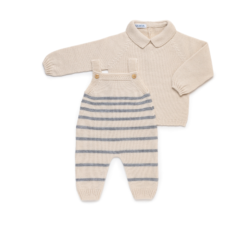 Conjunto bebé menino de malha bege com jardineiras às riscas - Juliana