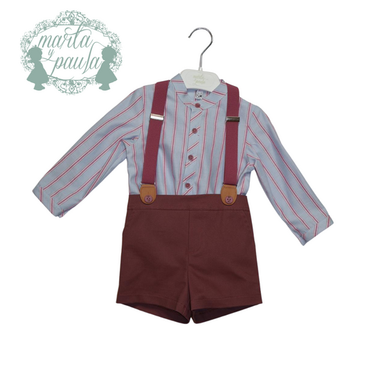 Conjunto bebé menino riscas com calções e suspensórios -Marta y Paula