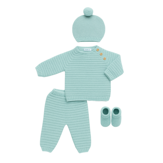 Conjunto malha verde água com gorro e botinhas para bebé - Juliana