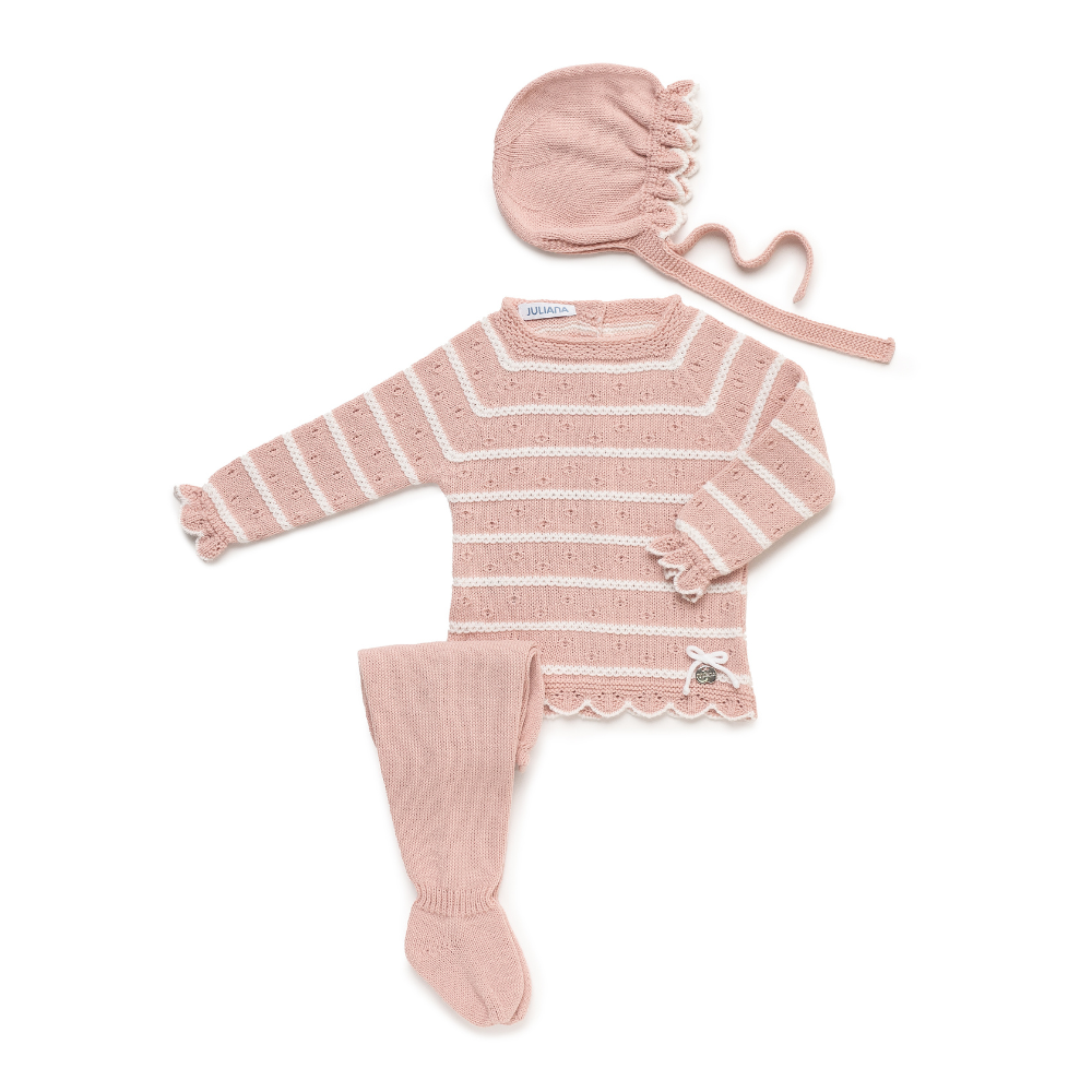 Conjunto malha rosa e touca para bebé menina - Juliana
