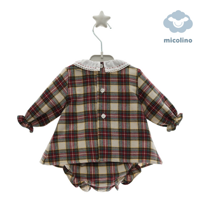 Conjunto vestido bebé menina xadrez com gola bordada e tapa fraldas - Micolino