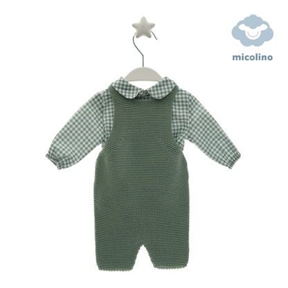 Conjunto camisa xadrez verde com jardineiras em malha para Bebé - Micolino