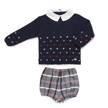 Conjunto menino de malha azul marinho com camisa e calções xadrez - Juliana