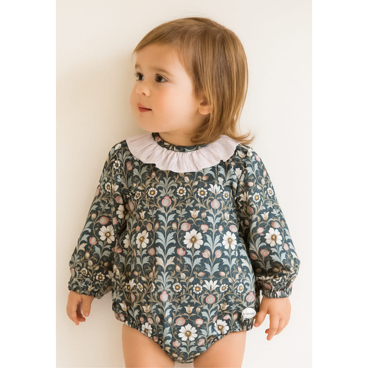 Fofo bebé de manga comprida com padrão floral e gola riscas rosa – Cocote