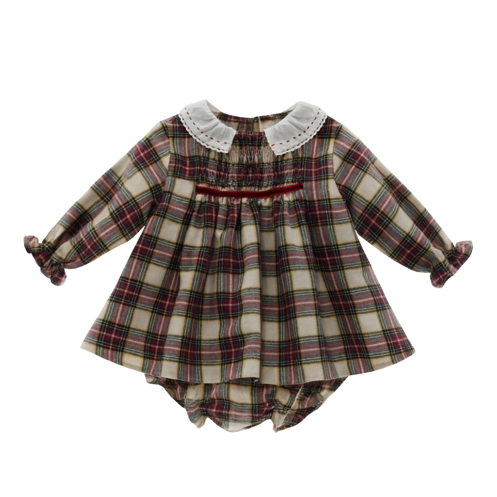 Conjunto vestido bebé menina xadrez com gola bordada e tapa fraldas - Micolino