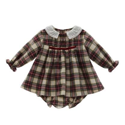Conjunto vestido bebé menina xadrez com gola bordada e tapa fraldas - Micolino