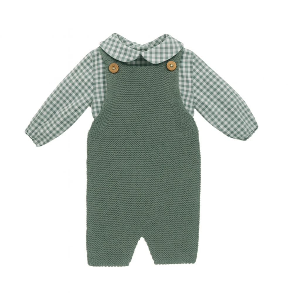 Conjunto camisa xadrez verde com jardineiras em malha para Bebé - Micolino