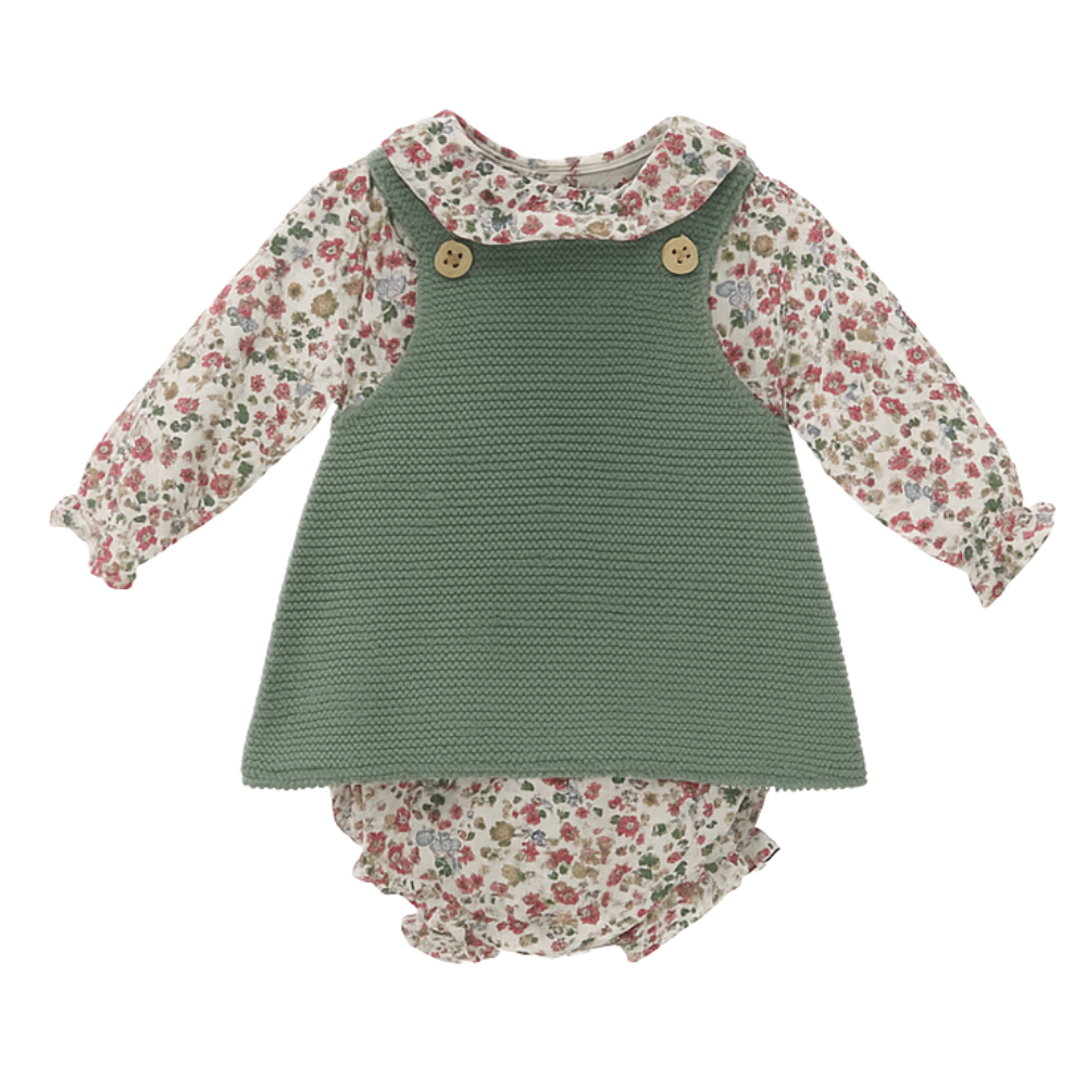 Conjunto bebé menina vestido em malha com camisa e tapa fraldas - Micolino