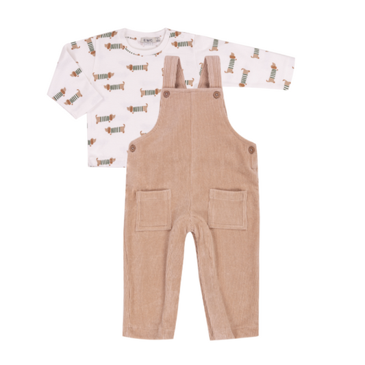 Conjunto de bebé com camisola e jardineiras em bombazine bege - EMC