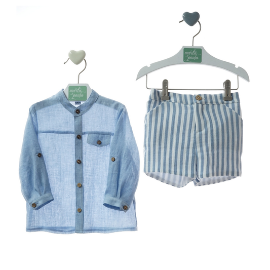 Conjunto menino  "Nagare" camisa azul e calções às riscas - Marta Y Paula