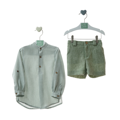 Conjunto "Sakura" menino camisa às riscas verdes e calções verdes- Marta Y Paula