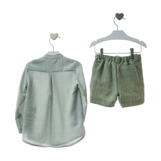 Conjunto "Sakura" menino camisa às riscas verdes e calções verdes- Marta Y Paula