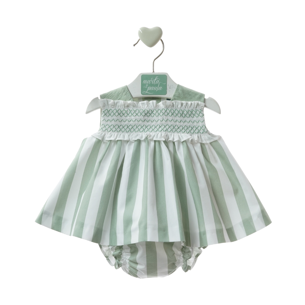 Vestido "Minarai" bebé às riscas verdes com peito smock + tapa-fralda - Marta Y Paula