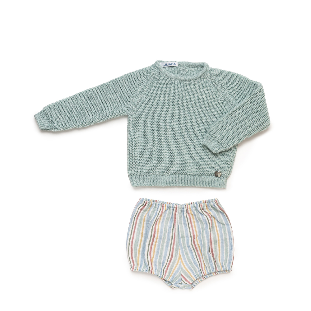Conjunto de malha verde com calções às riscas para bebé - Juliana