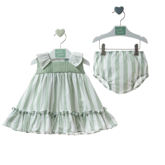 Vestido "Minarai" às riscas verdes com laço + tapa-fralda - Marta Y Paula