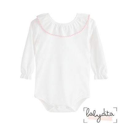 Body branco com gola folho rosa
