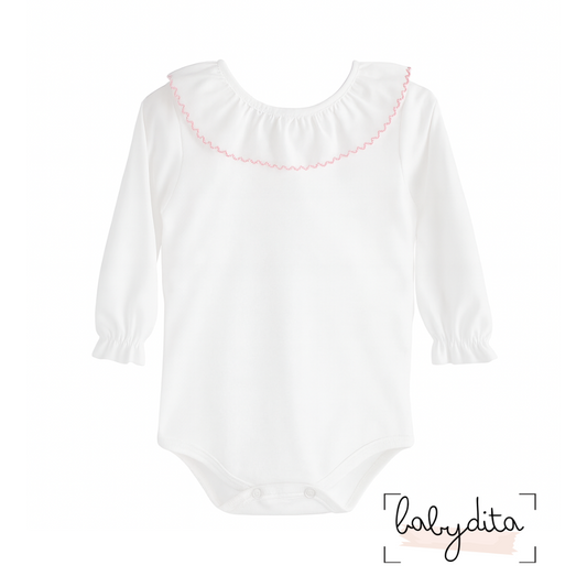 Body branco com gola folho rosa