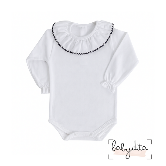 Body branco com gola folho azul marinho