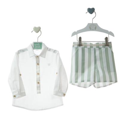 Conjunto "Minarai" menino camisa branca e calções às riscas verdes