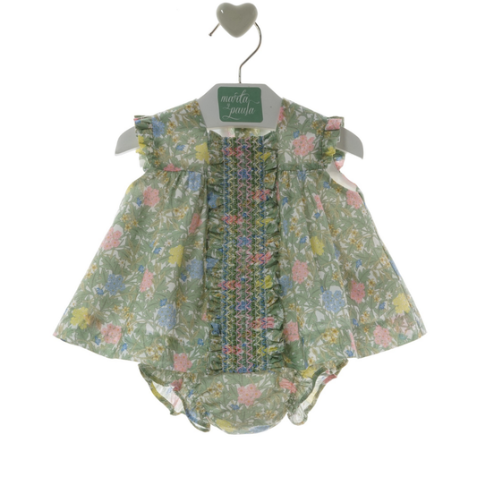 Vestido bebé "Wabi-Sabi" floral com folhos + tapa-fralda a condizer - Marta Y Paula