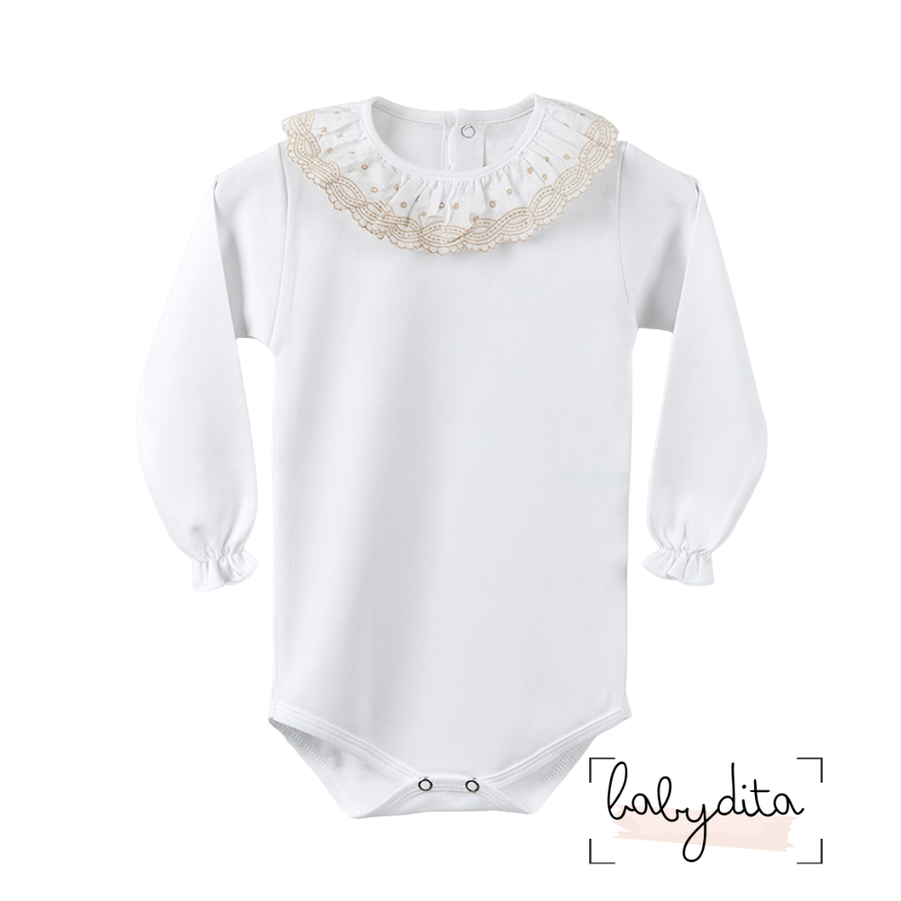 Body branco com gola em renda bege