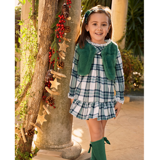 Vestido menina xadrez com gola em renda e Folhos - Juliana