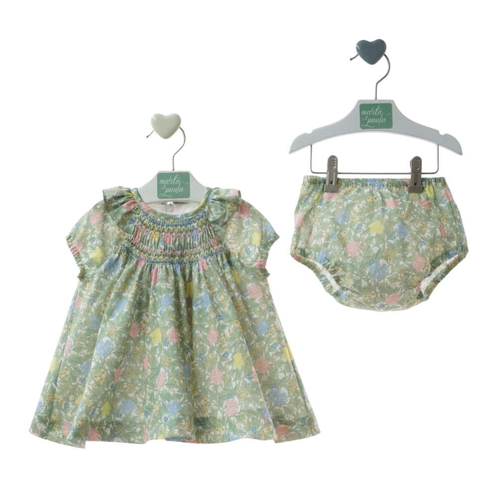 Conjunto Vestido "WABI-SABI" com Tapa-Fraldas Floral Verde com Laço Rosa - Marta Y Paula