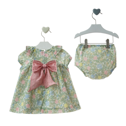 Conjunto Vestido "WABI-SABI" com Tapa-Fraldas Floral Verde com Laço Rosa - Marta Y Paula