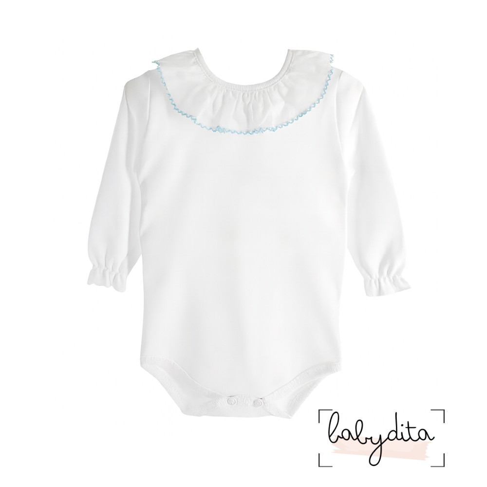Body branco com gola folho azul bebé