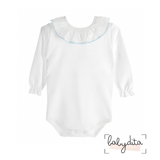 Body branco com gola folho azul bebé