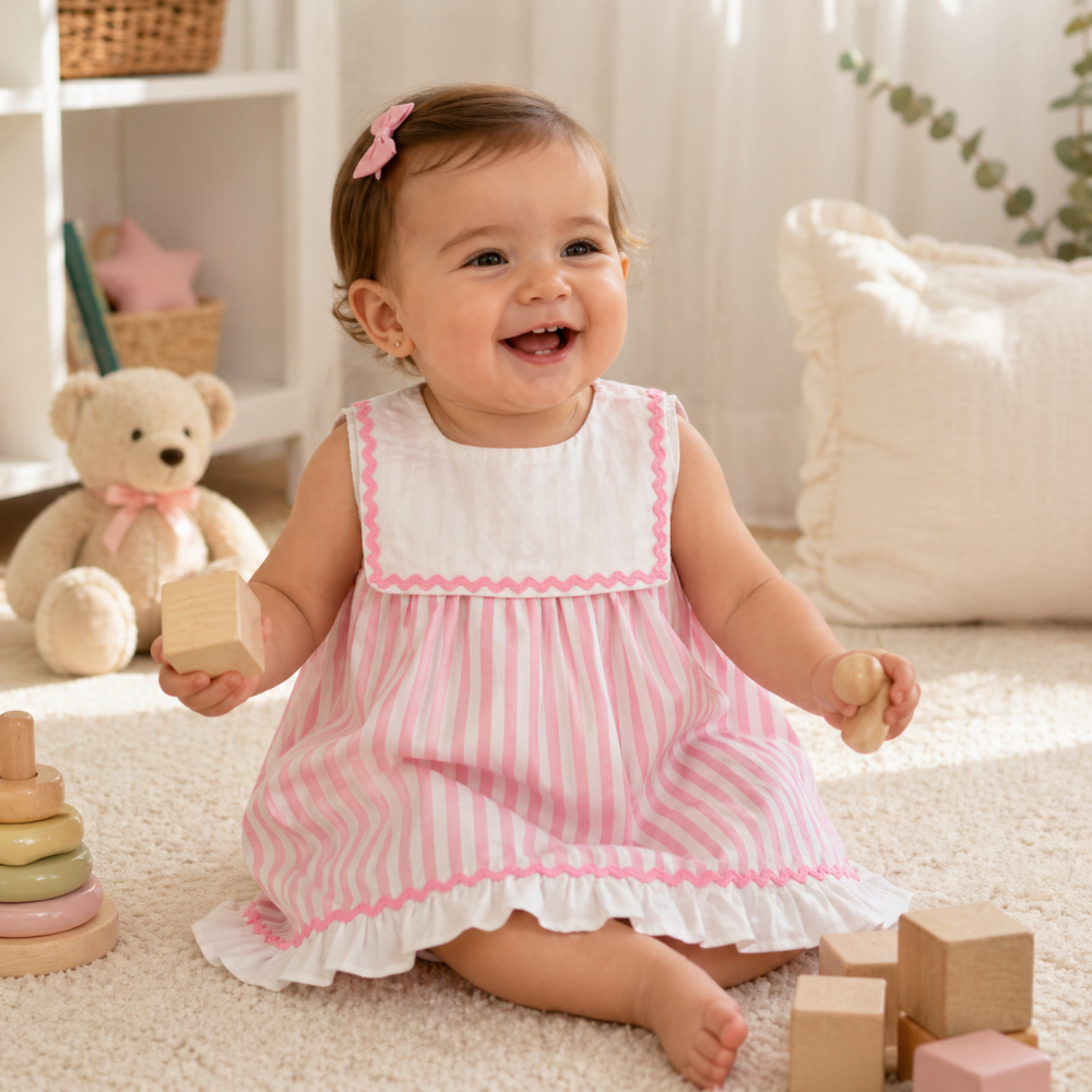 Vestido às Riscas Rosa com Gola Branca - Juliana